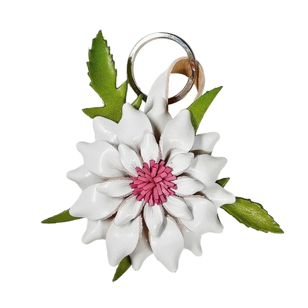 4220 Flower Keyring Keychain 2¾" Long White Dahlia Green Leaf - Hand Made